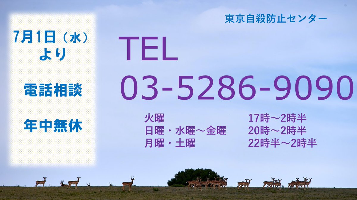 7月1日より電話相談が年中無休となります。 相談時間は下記の通りです。 火曜 17時～深夜2時30分 日曜・水曜・木曜・金曜 20時～深夜2時30分 月曜・土曜 22時30分～深夜2時30分 相談電話番号 03-5286-9090 ※現在の電話番号と同じです。