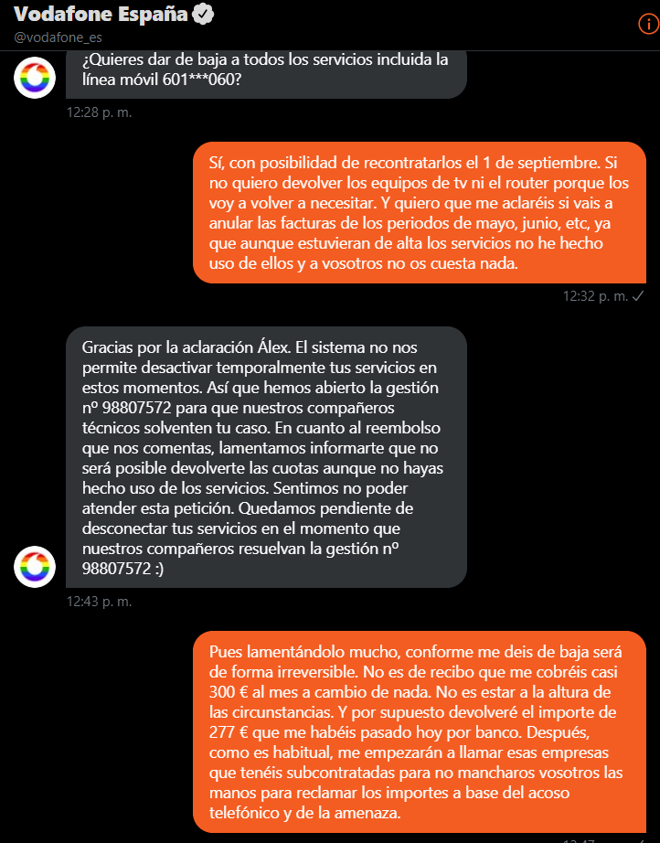 Para <a href="/vodafone_es/">Vodafone España</a> no hay clemencia alguna. Autónomo. Cafetería sin abrir desde mitad de marzo. Me cobran los servicios sin consumirlos, el fútbol de mayo a junio y de junio a julio POR ADELANTADO. <a href="/RubenSanchezTW/">Rubén Sánchez</a> <a href="/facua/">FACUA</a>