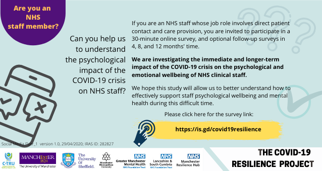 RWT_NHS's tweet photo. Our Trust is participating in a new online survey to explore the psychological impact of COVID-19 on NHS clinical staff. 

For more information, see poster below or visit the study website here- https://t.co/110709knDr https://t.co/nJu7gKMwqe