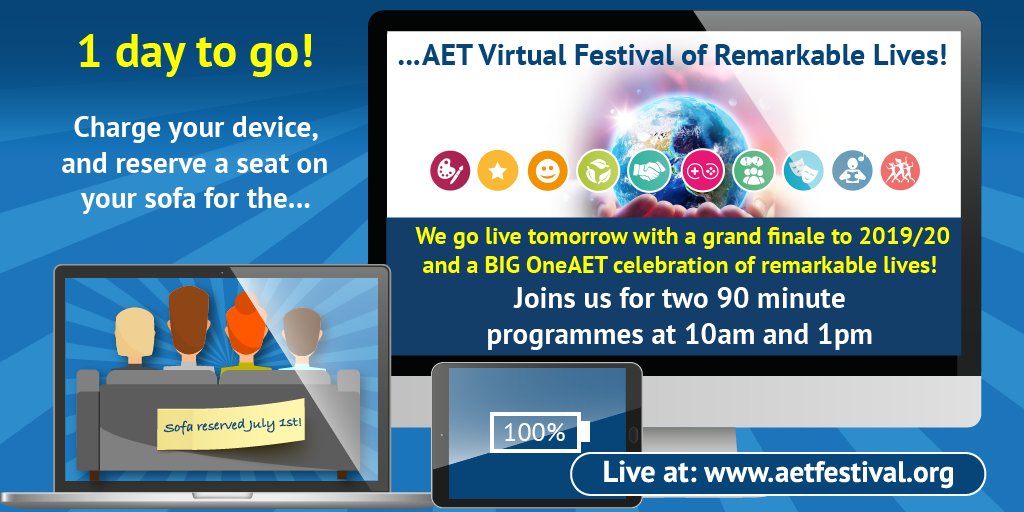Charge your device, and reserve a seat on your sofa (or in your school!) for the AET Virtual Festival of Remarkable Lives.  We go live tomorrow with a grand finale to 2019/20 and a BIG celebration of remarkable lives! 

Joins us for two 90 minute programmes at 10 am and 1 pm