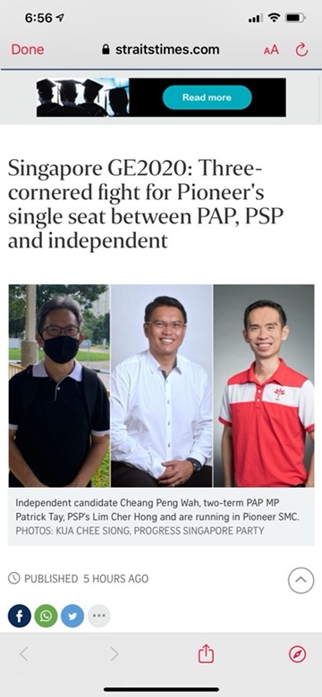 There is an independent candidate in Pioneer SMC. 

His name is Cheang Peng Wah. I googled his Chinese name. 

讲骗话

I think Google is wrong. 

#SGelection #GE2020