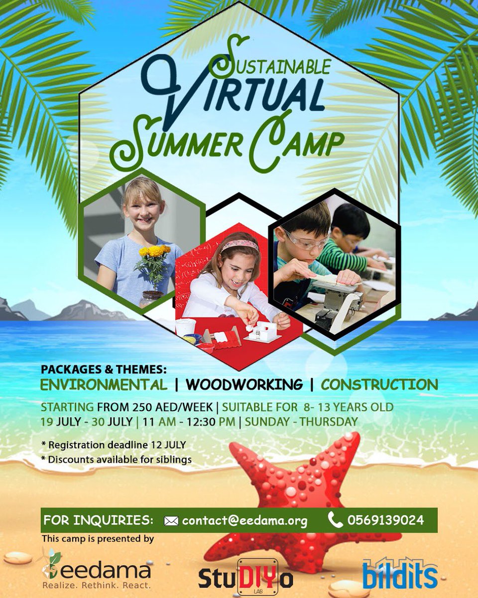 The sustainability virtual camp is finally here❗️Eedama, in collaboration with Bildits &amp; StuDIYo Lab, is organizing an online summer camp, adapted to children’s need in this semi-confined summer.
For more information &amp; registration: eedama.org/sustainability…