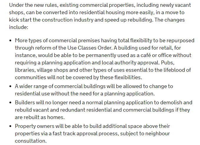 Ok, so here is what we appear to actually be talking about. It's an expansion of the office-to-resi, planning free housing conversions to more commercial buildings, especially empty shops.