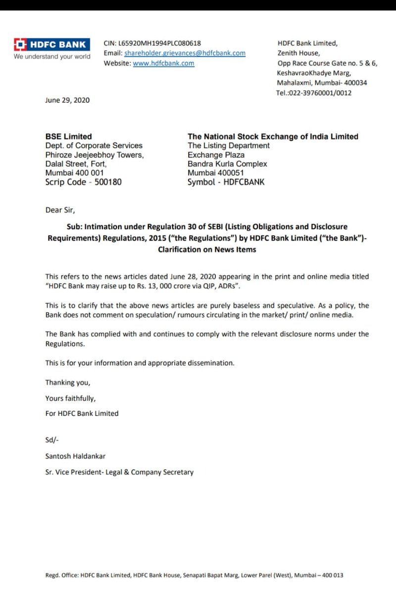 njhaadvisory's tweet photo. CLARIFICATION:
Intimation Under Regulation 30 Of SEBI (Listing Obligations And Disclosure Requirements) Regulations, 2015 ('The Regulations') By HDFC Bank Limited ('The Bank')- Clarification On News Items

https://t.co/c4Jf8uTmdg

https://t.co/9oSnzIuPpQ https://t.co/ag82cSNGz2