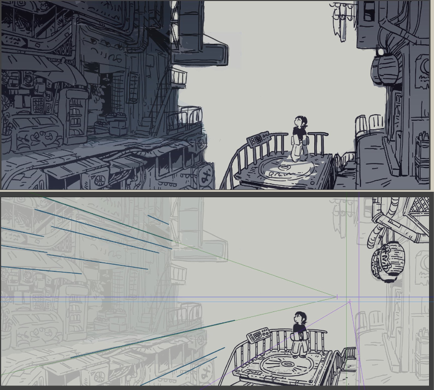 Okay let me break this down:This is a current piece I'm working on, and generally when I sketch stuff out I just roughly align stuff where they need to go, then if I REALLY feel like it feels off, I put the grids in to check.Do they align to horizon line/vanishing point? No.