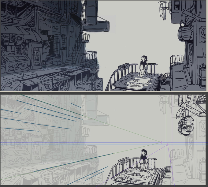 Okay let me break this down:
This is a current piece I'm working on, and generally when I sketch stuff out I just roughly align stuff where they need to go, then if I REALLY feel like it feels off, I put the grids in to check.
Do they align to horizon line/vanishing point? No. 