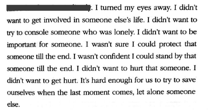 These elements are the FONDATION of YG's personality and fear of being emotionally attached. Like in this extract, we can see him multiple times saying that he doesn't want anyone to depend on him or to himself depends on someone. He sees himself as a source of suffering.