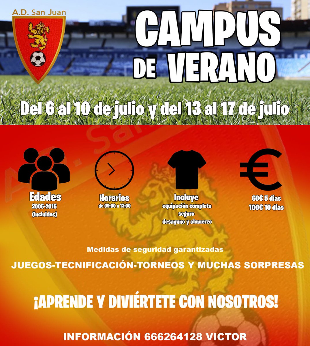 CLUB | 👍 La <a href="/ADSanJuanM/">AD San Juan de Mozarrifar</a> ya tiene preparado su Campus de Verano para que disfrutes con nosotros haciendo lo que más te gusta ⚽

📅 Del 6 al 10 de julio y del 13 al 17 del mismo mes te esperamos en nuestras instalaciones. 

📞 Información 666264128

⚽ #Fútbol #Base #Cantera