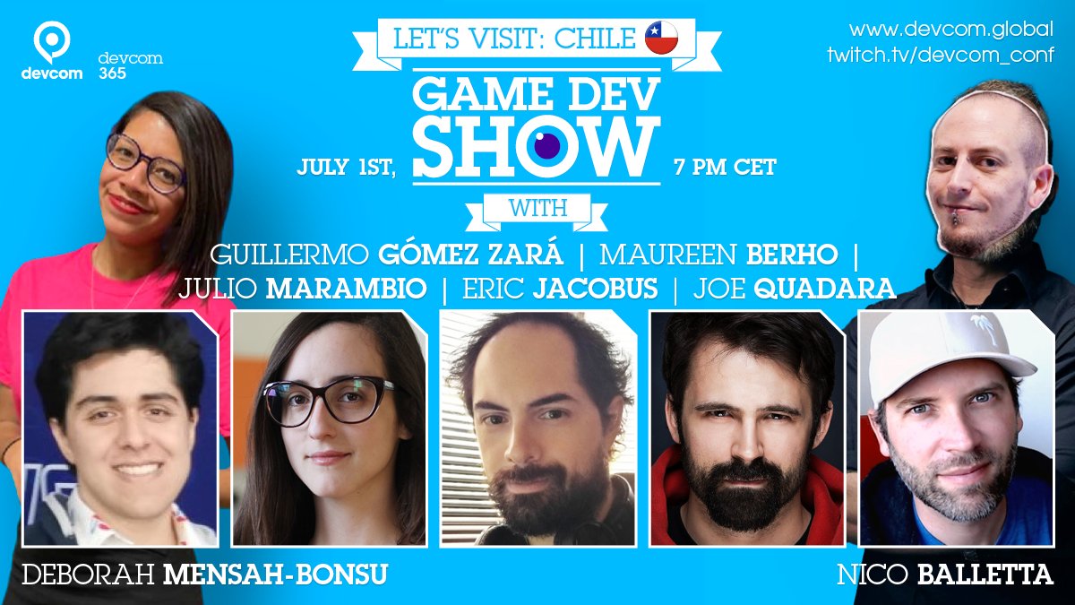 Todays trip goes to 🇨🇱! Join us 7pm CET on twitch.tv/devcom_conf and welcome our Chilean guests from <a href="/vgchile/">VideoGamesChile A.G.</a> @PebblekickInc <a href="/nieblagames/">Niebla Games</a> &amp; <a href="/OctetoStudios/">Octeto Studios</a>. Also with us: Eric Jacobus from <a href="/SuperAlloyCo/">SuperAlloy Interactive</a> &amp; Joe Quadara (@bazooie) from Recurver!

#gamescom #devcom #twitchtv #Chile