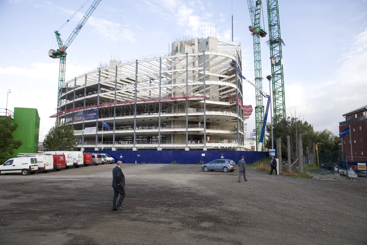 Len_Grant's tweet photo. The @coopuk 's #OneAngelSquare under construction 9 years ago today. The centrepiece for the @NOMA_mcr estate. #Len30 All part of my: https://t.co/r5mFJRMoBr @MikeHitchmough @3_D_Reid @BAMConstructUK @MarkatBAM https://t.co/ZIvdBioWIJ