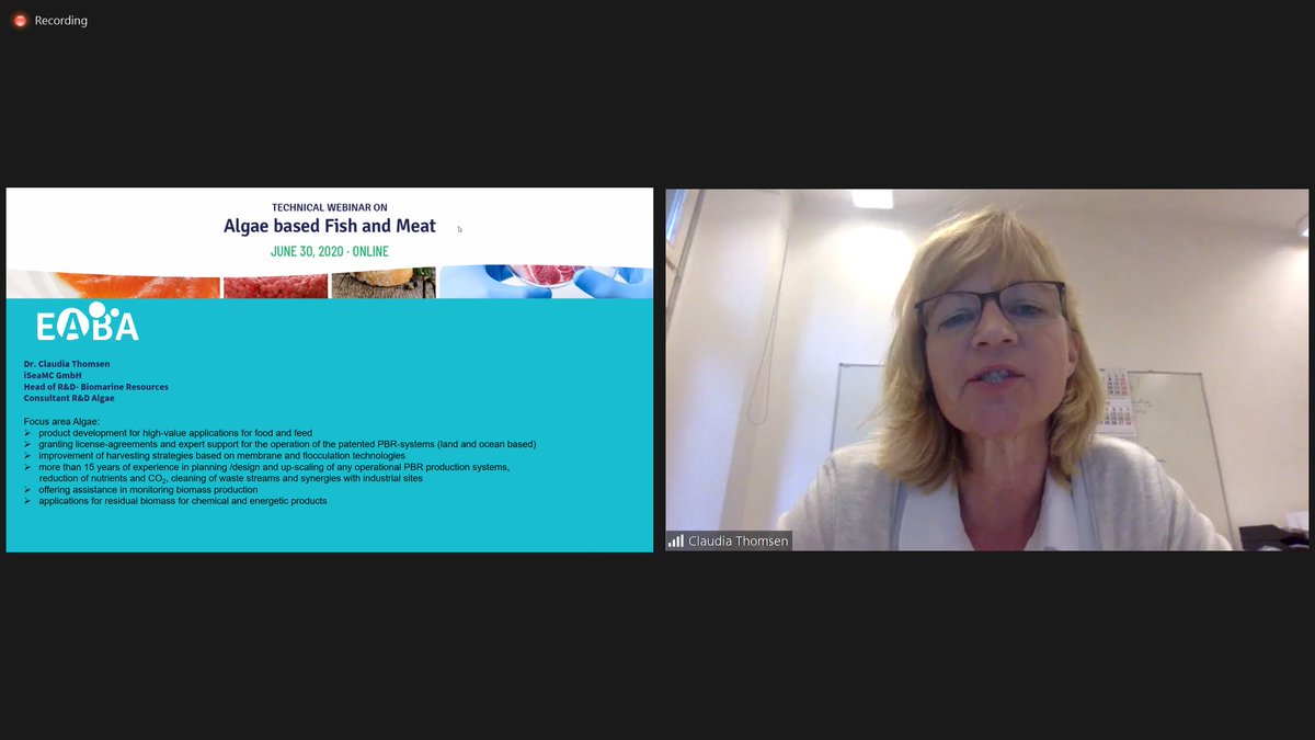EABA_Algae's tweet photo. `Who are you`session at @EABA_Algae Algae Based #Fish &amp; #Meat #Webinar:  Eric La Costa @algamafoods, Marie-Dominique Plan #Marinoe, Claudia Thomsen,  Svenja Starke #Microganic. @vverdelho @Buildingonevent #algae #food #Fish #meat #vegan #alternative #protein #algaeworkshops https://t.co/aPlrxWW8CF