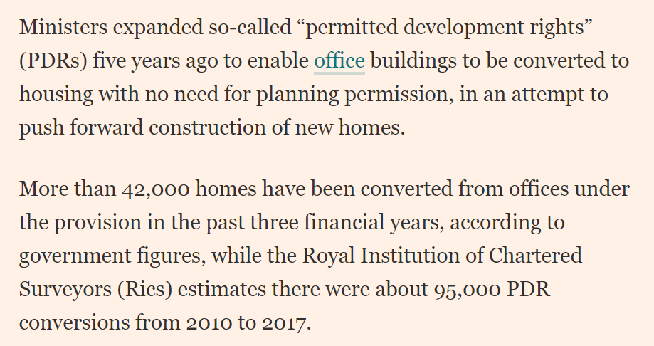 there have already been limited powers to convert some commercial buildings into homes since 2013, which have not been uncontroversial: here's a taster of why critics think "permitted development rights" have been bad news.... https://www.ft.com/content/48fbe55c-ffb2-11e8-ac00-57a2a826423e