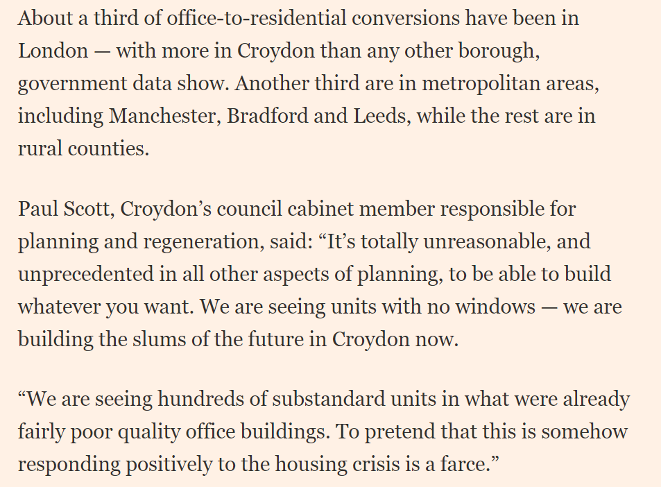 there have already been limited powers to convert some commercial buildings into homes since 2013, which have not been uncontroversial: here's a taster of why critics think "permitted development rights" have been bad news.... https://www.ft.com/content/48fbe55c-ffb2-11e8-ac00-57a2a826423e