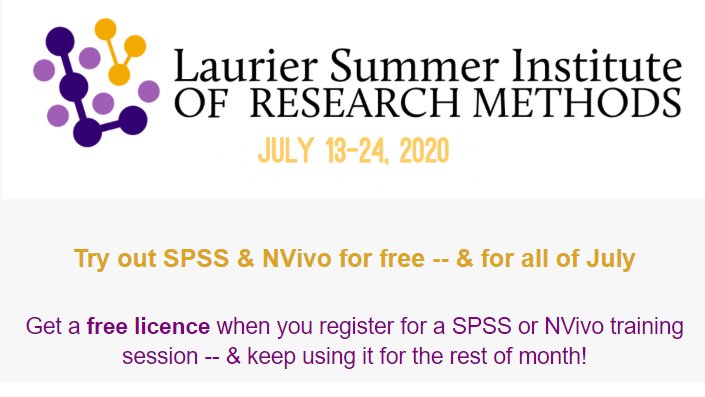 Yes, that's right! Use SPSS or NVivo for FREE - all of July - when you register for intro or advanced 1-day online workshop training! Take INTRO TO SPSS: coursestore.wlu.ca/product?catalo… -- &amp; more (see latest newsletter: mailchi.mp/fa55195fa8d8/l…)