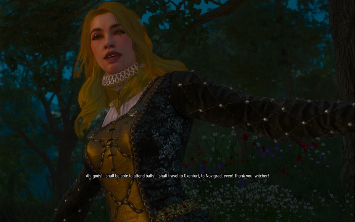 4/12  #MAMG20 Geralt fights the tournament in knight Guillaume’s stead who is trying to woo its patron, Lady Vivienne. This quest subverts medieval clichés, as he has the option to free her from toxic masculinity as well as a curse (being a prize/damsel in distress).