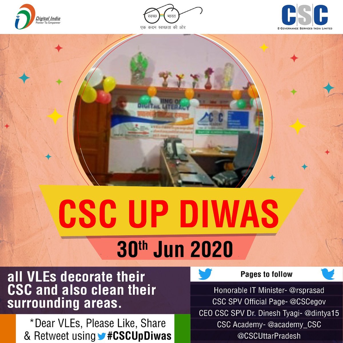 CSCegov_'s tweet photo. CSC across Uttar Pradesh celebrates #CSCUpDiwas today.

Dear VLEs, Please Like, Share &amp; Retweet using #CSCUpDiwas.

#CSC #DigitalIndia #TransformingIndia #tuesdayvibes #CSCUttarPradesh #CSCUpDay https://t.co/0gjWtX58c3