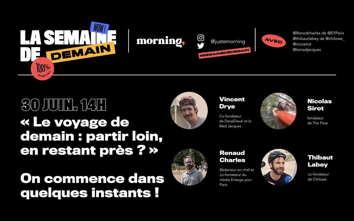 justemorning's tweet photo. đ La deuxiĂšme confĂ©rence de la Semaine de Demain « Le voyage de demain : partir loin, en restant prĂšs ? » commence tout de suite ici đ https://t.co/3JOHRWPEeG
#semainededemain https://t.co/OOoEPMV4VC