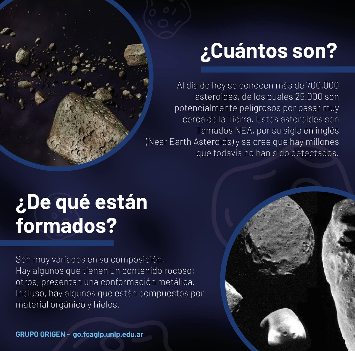 GOunlp's tweet photo. ¿Qué día es hoy? 
¡El #DiaDelAsteroide!
Una iniciativa mundial para concientizar a la población respecto al riesgo que implican los asteroides para la vida en la Tierra. 
Tenemos material para compartir hoy. Comenzamos definiendo qué son los asteroides. https://t.co/9ya6lLbUJL