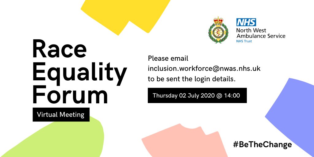 The <a href="/NWAMB_Inclusion/">NWAS Equality, Diversity & Inclusion</a> Race Equality Forum is open to all <a href="/NWAmbulance/">North West Ambulance Service</a> staff

Taking place on 02-Jul-2020 @ 14:00 on #msteams, the forum welcomes our CEO <a href="/daren_mochrie/">Daren Mochrie QAM</a>

Also <a href="/peterwh84396314/">peter white</a> <a href="/mf1302/">Michael Forrest</a> and <a href="/NWAmb_LisaWard/">Lisa Ward</a>

To get involved, please email inclusion.workforce@nwas.nhs.uk
