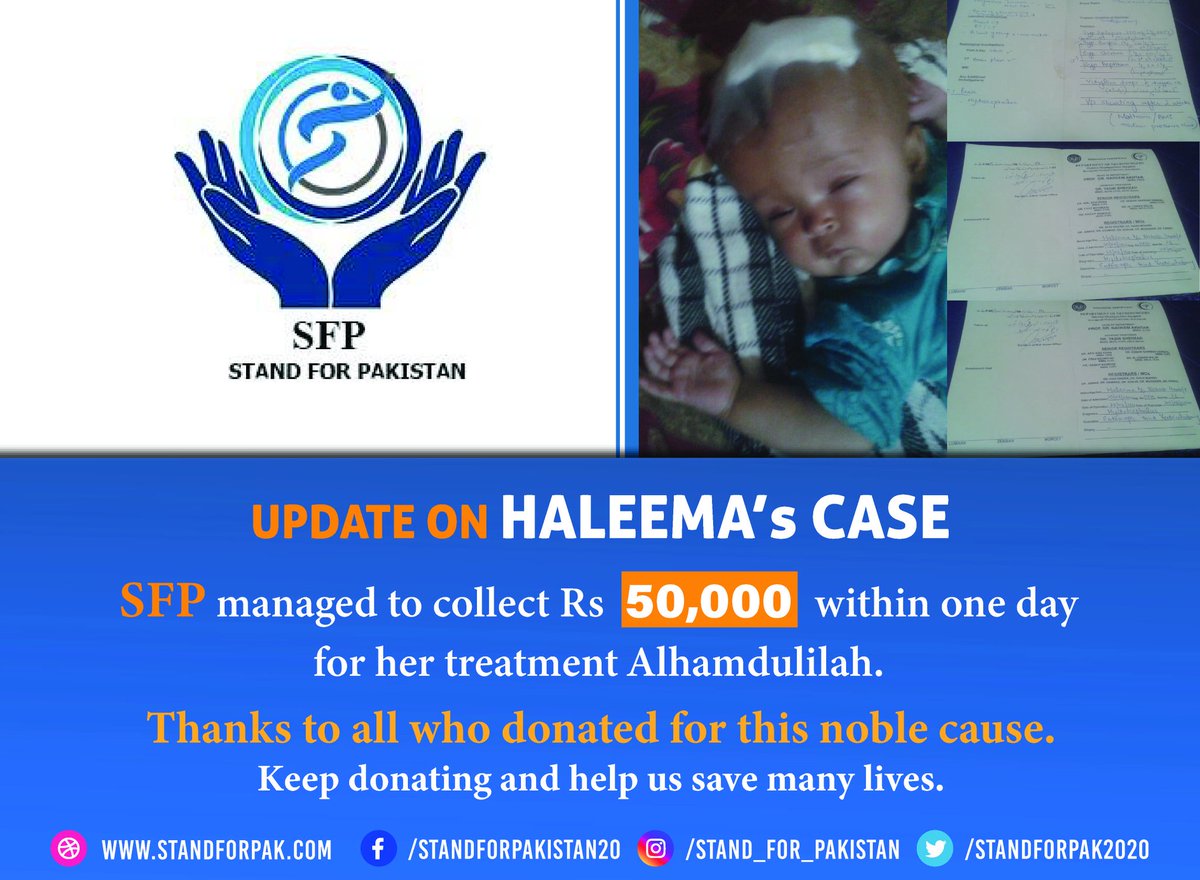 StandForPak2020's tweet photo. Update on Haleema's case:
SFP managed to collect Rs.50,000 within 1 day Alhumdullilah for her treatment.
Thankyou to all who donated for this noble cause.
#StandForPakistan #SFP2020 #SFP20 #ServeHumanity #COVID19 #Pakistan #PakistanFirst 🇵🇰 #Corona https://t.co/ALeMqIMC3B