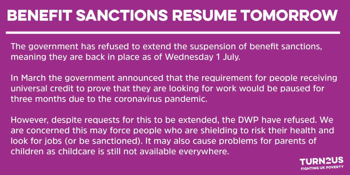 turn2us_org's tweet photo. We are incredibly concerned that the return of #BenefitSanctions tomorrow will force people to risk their health by looking for jobs - or else be sanctioned and pushed into destitution. https://t.co/bf0jI9H9pv