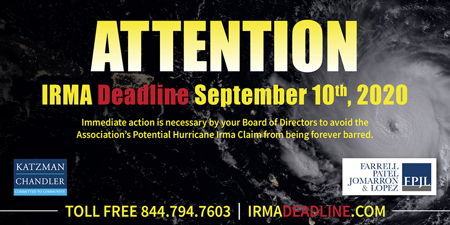 1-844-794-7603 | IrmaDeadline.com 

#irma #hurricaneirma #hurricanedamages #floridalawfirm #katzmanchandler 
#hurricane #hurricaneseason #irmadeadline #irmahurricane #irmadamages #hurricaneirmaclaim #hurricaneclaim #Katzmanchandlerfl #florida #ftlauderdale #orlando