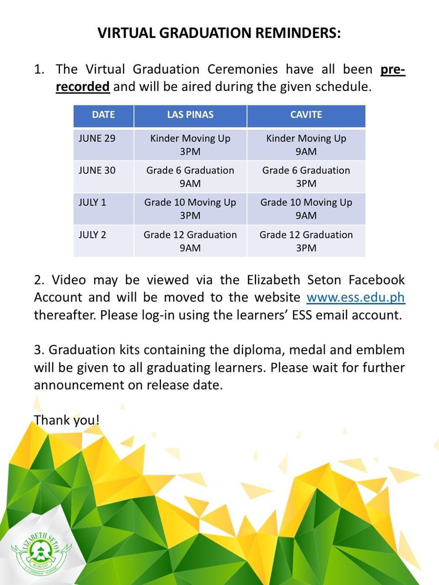 ESS_SSC's tweet photo. Grade 10 learners! Tomorrow is your big day 💚💛 Please be reminded that your virtual moving up ceremony is scheduled tomorrow @ 3PM and can be viewed via Elizabeth Seton School's official Facebook page. 

Congratulations! https://t.co/lcnxxwsBCc