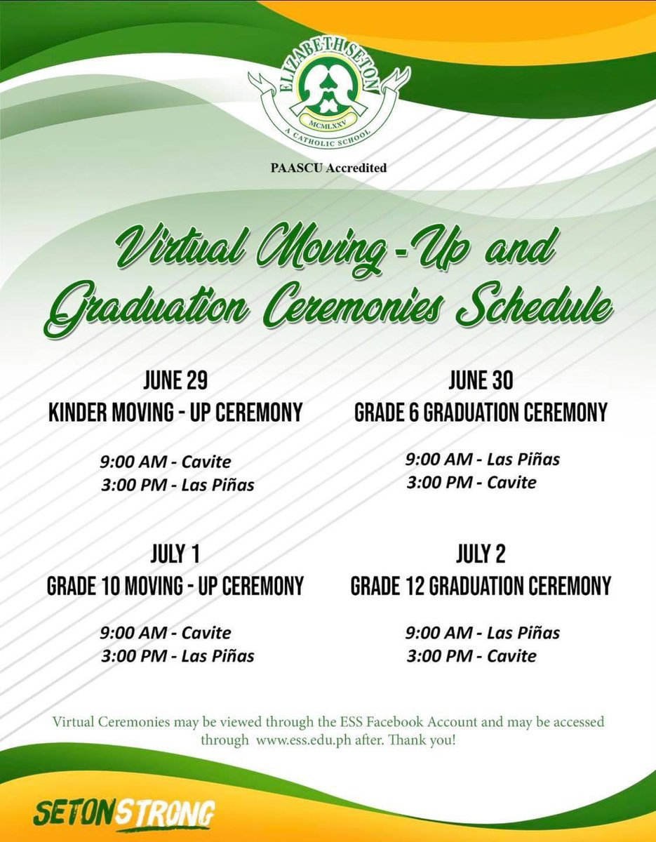 ESS_SSC's tweet photo. Grade 10 learners! Tomorrow is your big day 💚💛 Please be reminded that your virtual moving up ceremony is scheduled tomorrow @ 3PM and can be viewed via Elizabeth Seton School's official Facebook page. 

Congratulations! https://t.co/lcnxxwsBCc