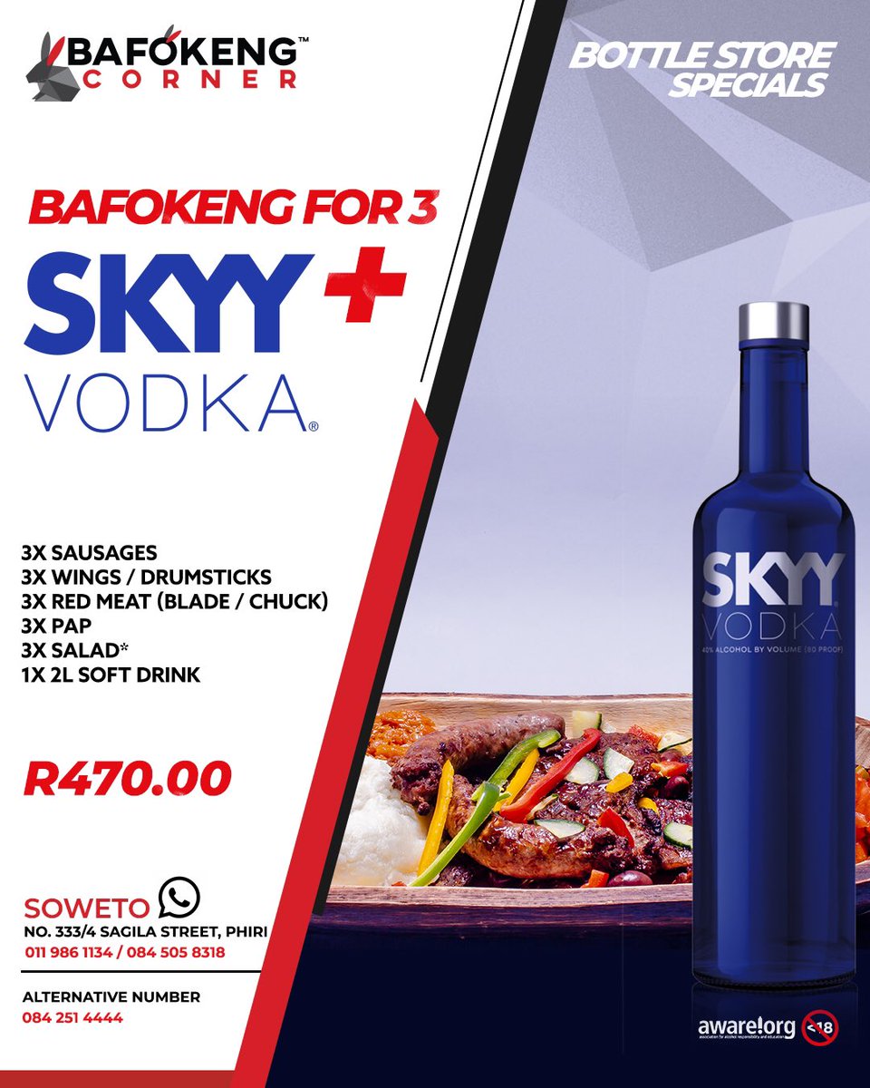 bafokeng_corner's tweet photo. Several specials for you to chose from along with a bottle of @skyyvodkasa . Chose a platter we got the right price for you . Happy Tuesday #BafokengCorner #BafokengSpecials https://t.co/wW9c5bhnhR