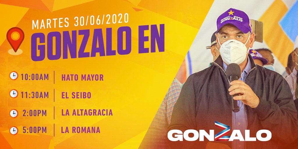 GonzaloCastillo's tweet photo. Hoy con mucho ánimo para compartir con mi gente de Hato Mayor, El Seibo, La Altagracia y La Romana. Vamo’ arriba. ¡A trabajar!

#GonzaloPresidente #VOTA1
#VamoArriba #aTrabajar https://t.co/zaVy5rJInk