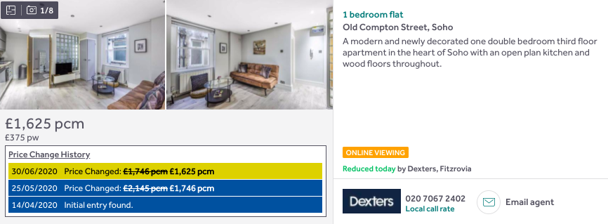 Old Compton St 1-bed, down 24%  https://www.rightmove.co.uk/property-to-rent/property-91385567.html