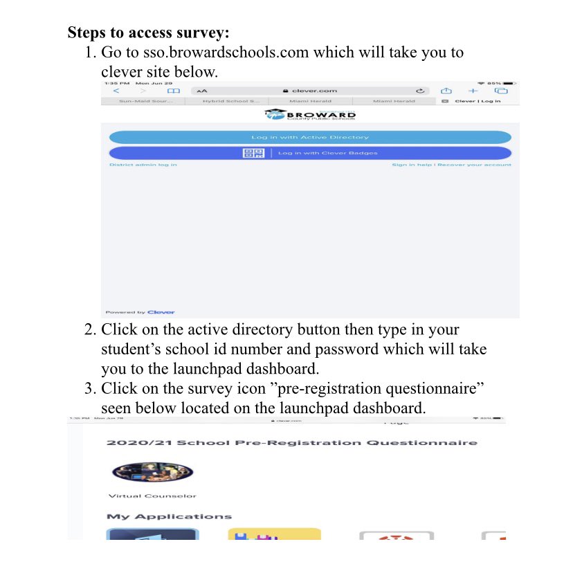 Patriots: Please complete the re-opening schools survey located on the Single Sign-On LaunchPad at sso.browardschools.com.  Your input is needed &amp; valued.  Please reach out if you need assistance.  We are in this together! #WeBleedRedWhiteAndBlue!