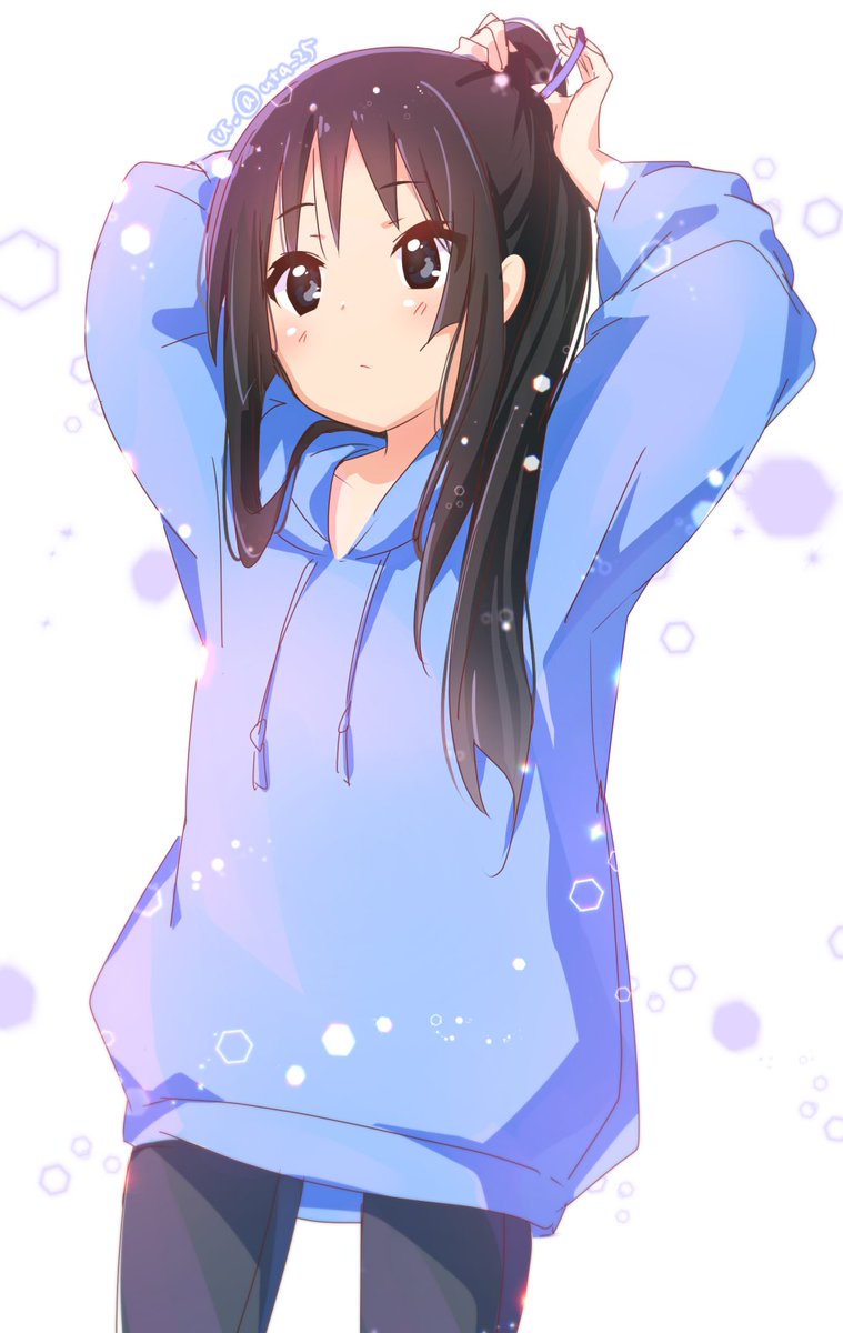 akiyama mio 1girl solo long hair black hair hoodie hood black eyes  illustration images