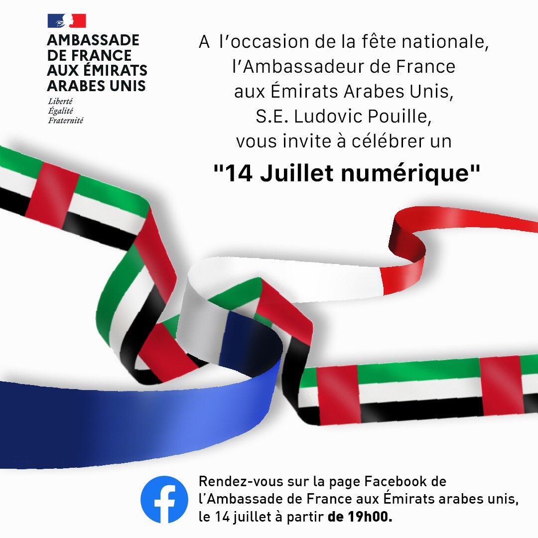FranceEmirats's tweet photo. Dans le respect des consignes sanitaires en vigueur, nous vous invitons cette année à un "14 Juillet numérique", placé sous le signe de la solidarité et de l'amitié franco-émirienne.
Rendez-vous sur la page Facebook de l'Ambassade de France aux EAU, le 14 juillet, à partir de 19h https://t.co/D4Zw6LaOwC