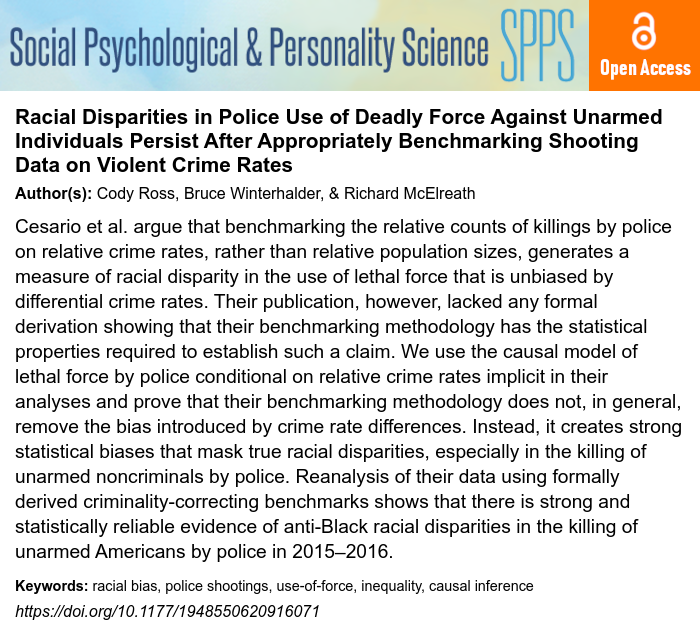 easpinfo's tweet photo. ** New Article ** by Cody Ross, Bruce Winterhalder, &amp; Richard McElreath — Racial Disparities in Police Use of Deadly Force Against Unarmed Individuals Persist After Appropriately Benchmarking Shooting Data on Violent ... @rlmcelreath #spps_journal #OA https://t.co/gvkOrIP9ez https://t.co/uN4s2DP5Be