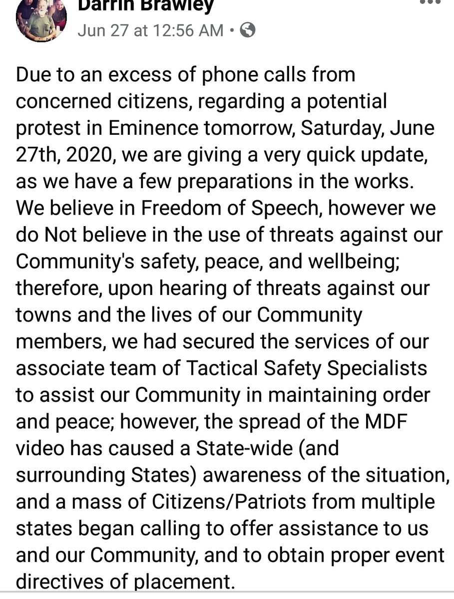 The White Power Comedy Hour began in Eminence, MO, pop. 600, a tourist canoe-and-float-tube town on the Ozark's Jack's Fork River. Shannon County, MO Sheriff Darrin Brawley posted on FB Fri., calling on "patriotic citizens" to defend Eminence from an incoming dusky horde. 3/