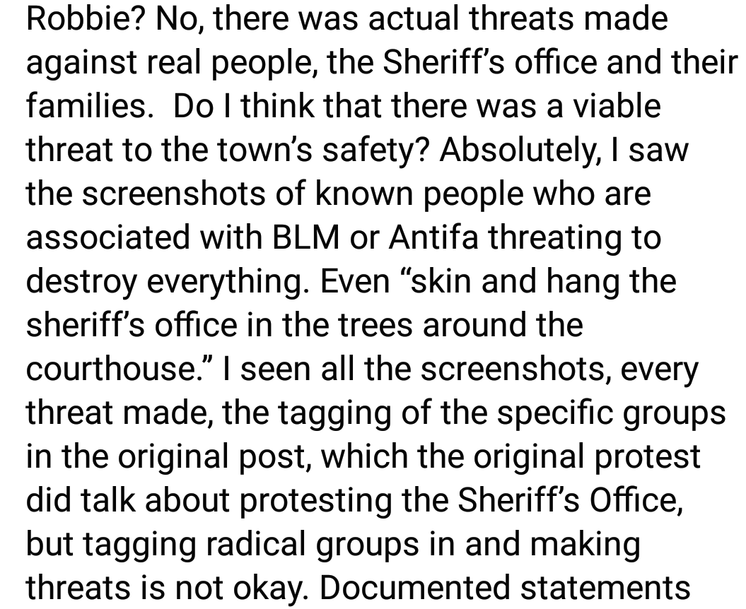 The Sheriff's FB post was followed by other bug-eyed commentary on FB, including at least one claiming to have seen threats from "radicals" to flay sheriff's deputies & leave their skin hanging from trees, flapping in the breeze like so many laundered Klan sheets. 4/