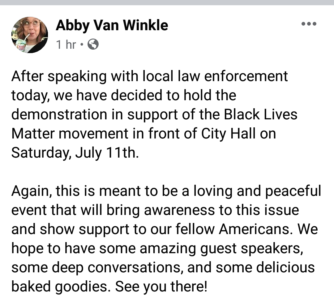 South of Eminence, a native of the Current River tourist town of Van Buren, MO, pop 800, was appalled at the armed reaction to the BLM march hoax. So Abby Van Winkle decided to show that BLM & racial justice was no threat to the white-as-Michael-Bolton-in-a-blizzard Ozarks. 6/