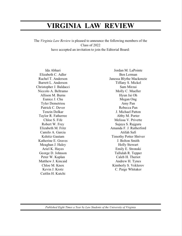 Virginia Law Review On Twitter Proud To Announce The Newmembers Of Virginia Law Review From Classof2022 At Uvalaw