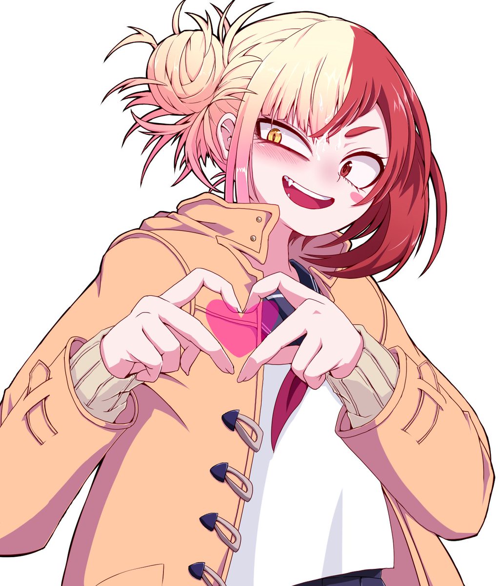 toga himiko 1girl hair bun heart solo heart hands blonde hair school uniform  illustration images