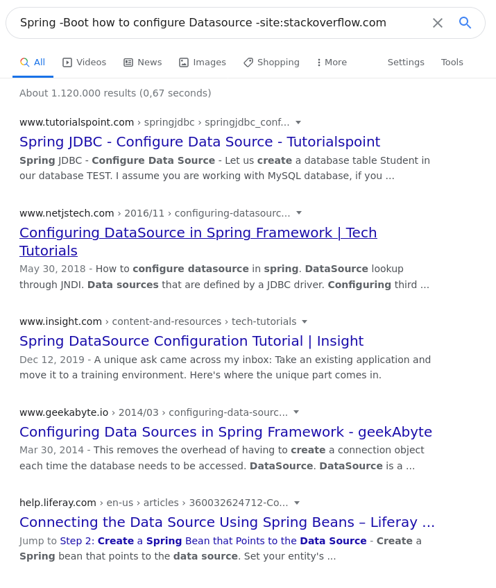 12.1 You use  @springframework, but not  @springboot and you want to find an article about how to configure Datasource. You need an article and not a  @StackOverflow thread. Your search term: 'Spring -Boot how to configure Datasource -site: http://stackoverflow.com '