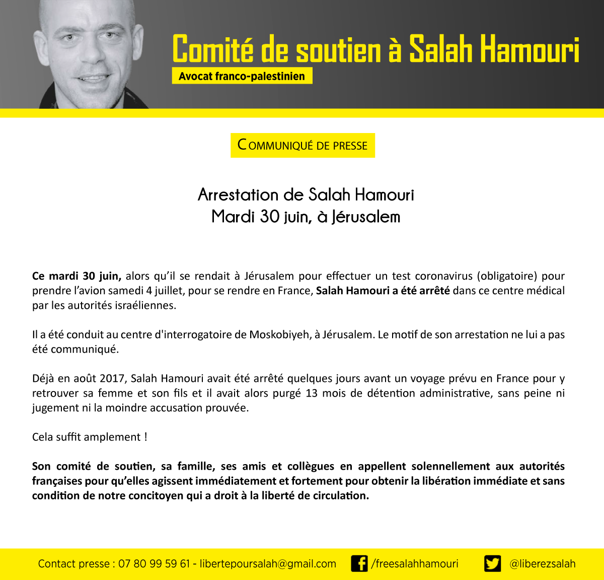LiberezSalah's tweet photo. ⚠ Arrestation de Salah Hamouri ce mardi 30 juin, à Jérusalem ⚠ #LiberezSalah https://t.co/Bp1F67EMmk