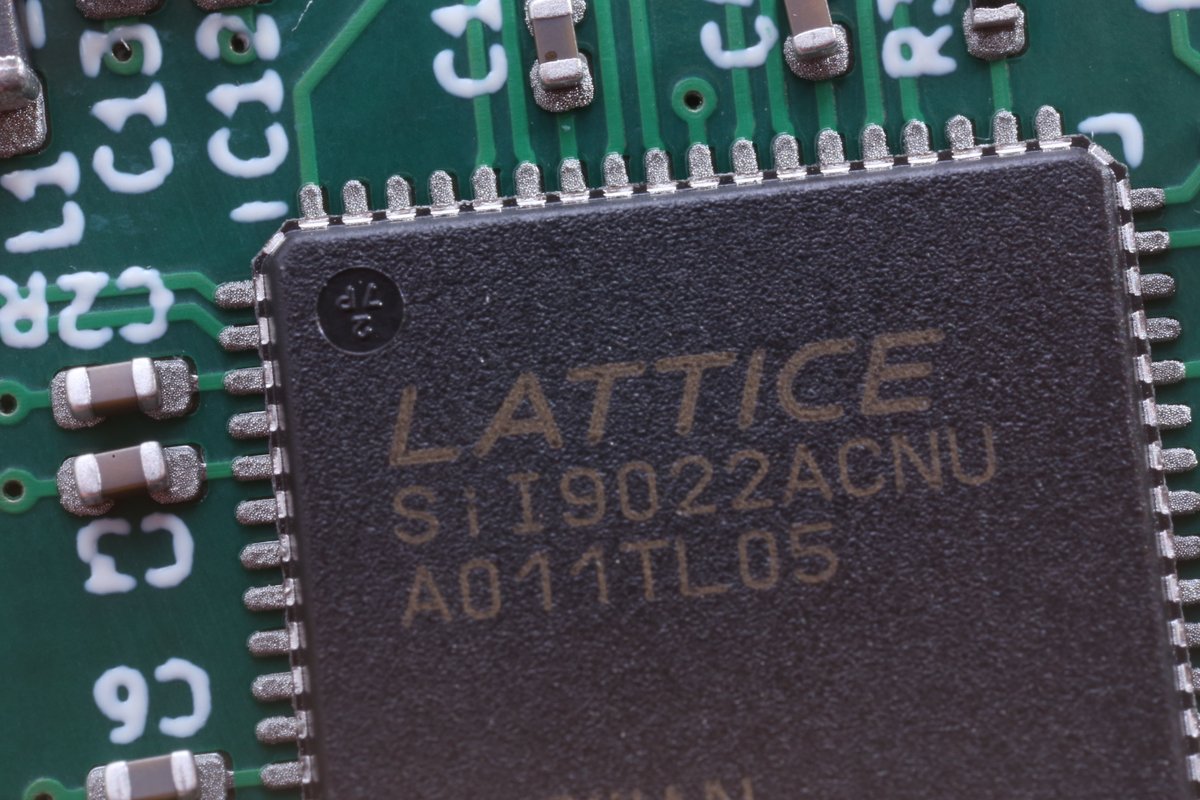 The main IC on this board is a Lattice SiI9022A. A HDMI transmitter. It's maybe obsolete, and the datasheet is maybe under NDA? (but LCSC still host it) But it's still interesting to me because it supports audio over HDMI. Which the simpler DVI chips do not do.