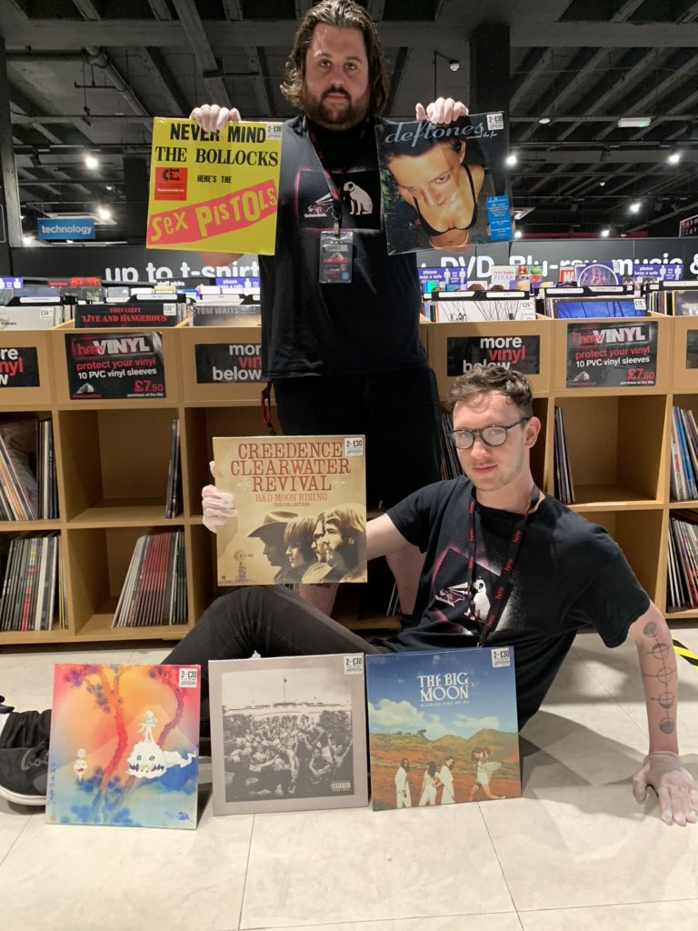hmvLancaster's tweet photo. Our Alan and James are loving our latest vinyl offer! Here are they are modelling with their picks (staff not included in offer)! #hmvstaffpicks #2for30 https://t.co/mM6mVOwozT