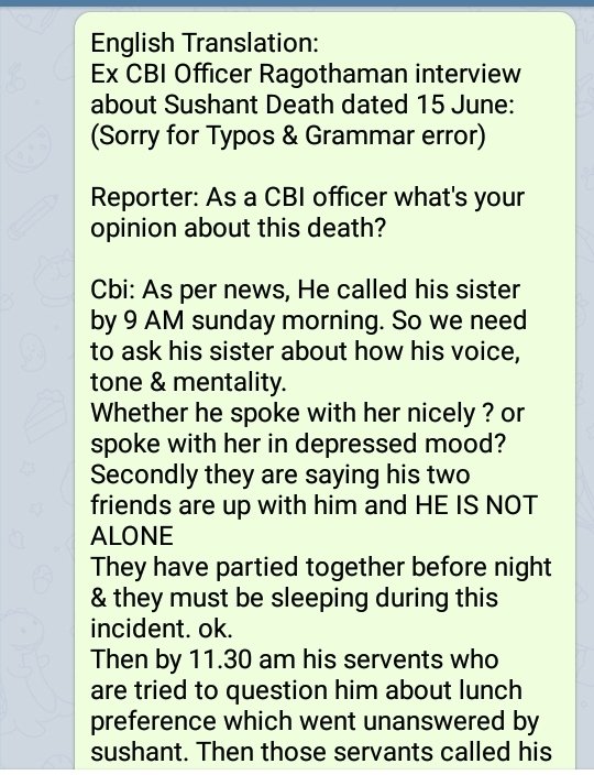 1/4CBI Officer Mr.Ragothamam about  #SushantsinghRajput case.Interested people can read out this English Translation.His big clue is calling Locksmith!!!!This one is old video dated 15th June. Attaching Eng Translation + video below: #PMDoCBIEnquiryForSSR