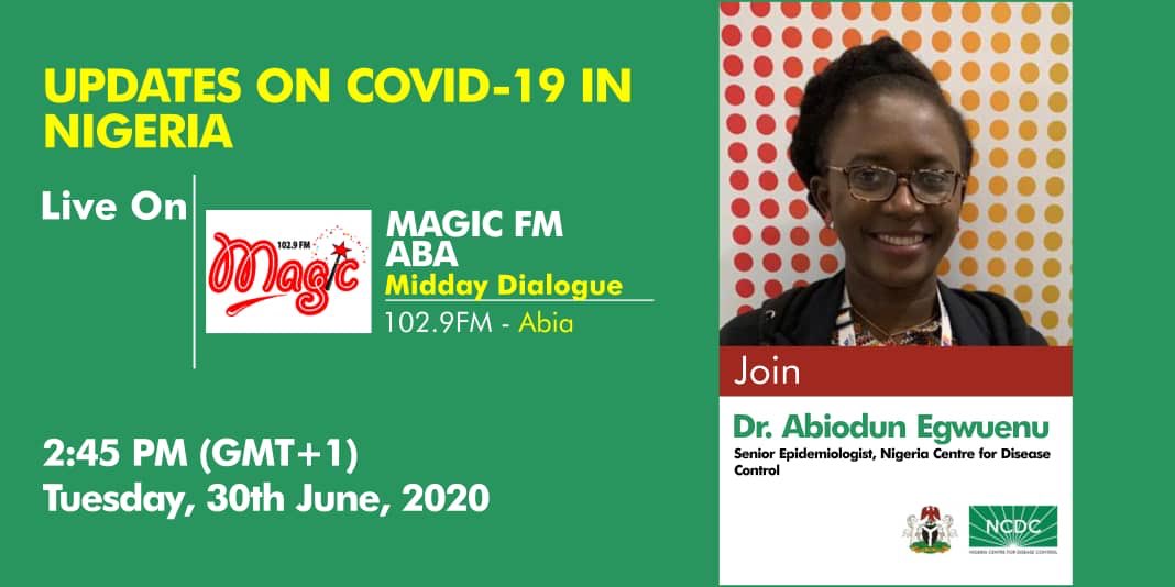 NCDCgov's tweet photo. 📢 COMING UP!

Amidst increasing misinformation around #COVID19 know the FACTS! 

Join our Epidemiologist @beeodune live this afternoon on #Middaydialogue to discuss the latest on Nigeria’s response to the pandemic

Tune to @magicFMAba at 2:45pm to listen 📻

#TakeResponsibility https://t.co/quo5twqbak