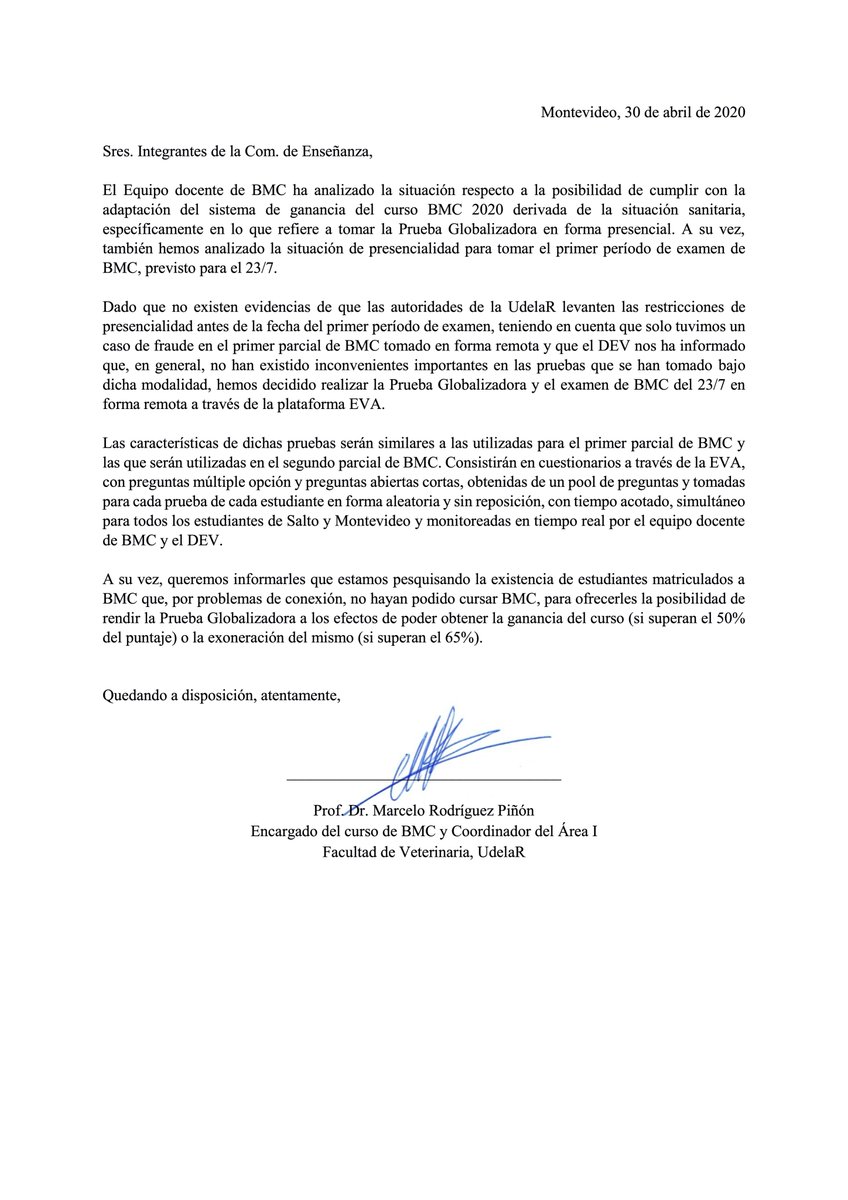 devfvet's tweet photo. Estudiantes BMC 2020: Los docentes del curso  resolvieron tomar la Prueba Globalizadora en forma remota el 10/7 y que  aquellos estudiantes que no pudieron cursar por problemas de conectividad, la hagan como única prueba para aprobar el curso ( 50% o +) o  exonerar (60% o +) https://t.co/R6G36yWxA0