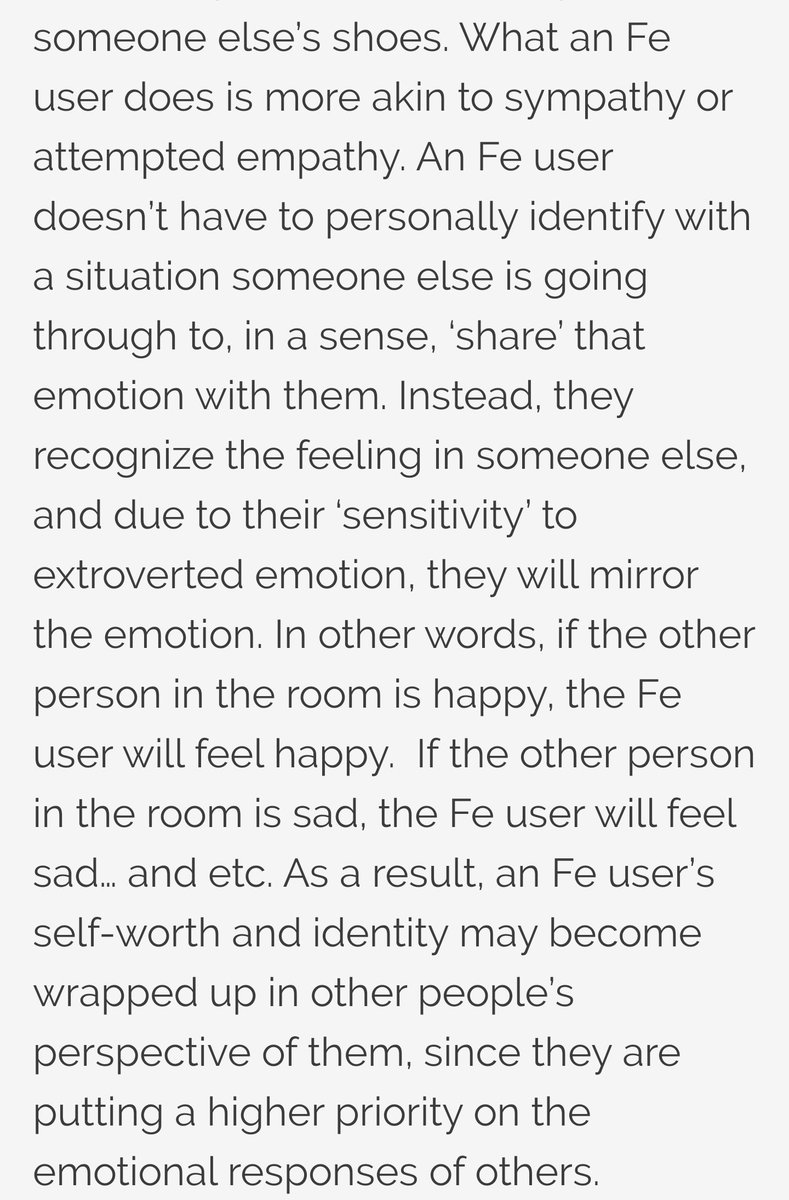 When an Fi user shares an experience they want you to not feel alone. They want you to know they know even a little of what you feel.Fi users want to listen, alleviate and understand the pain, Fe users want to share and encourage you through the pain. It's about your needs.