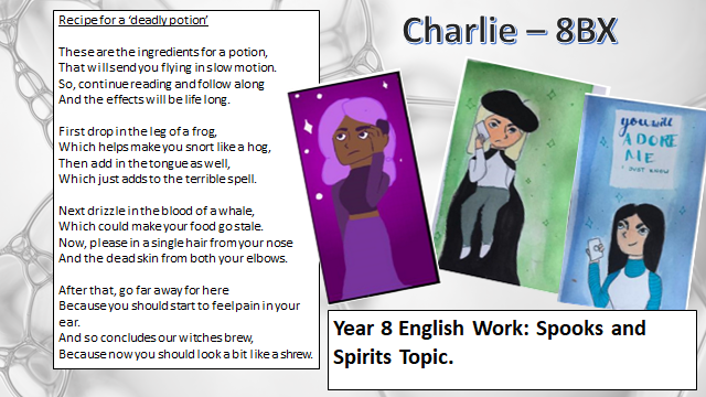 Excellent English work from Year 8 Charlie on the Spooks and Spirits topic! #greenandproud #dontgetleftbehind #creativity