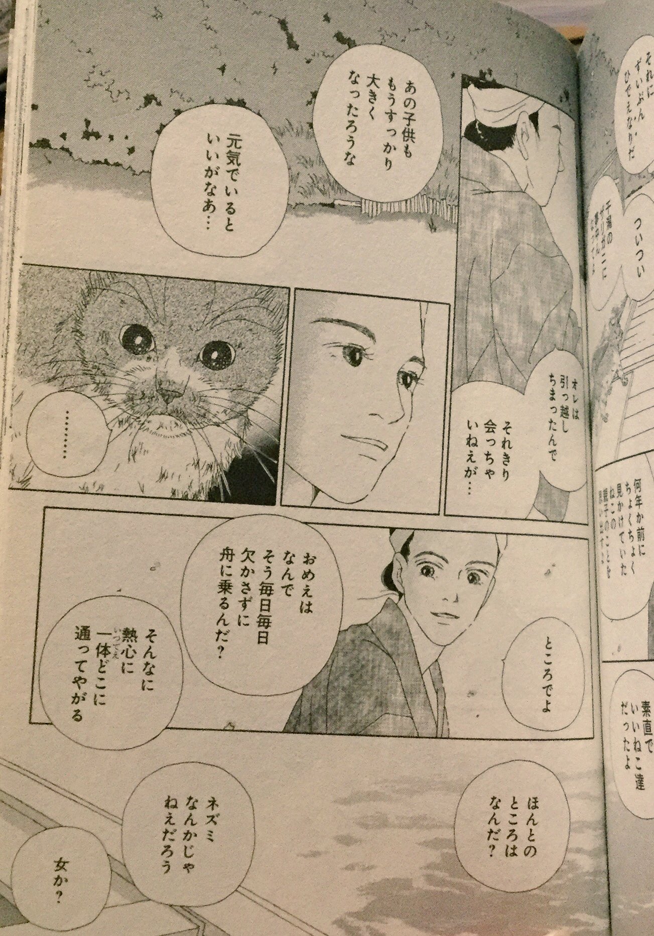 生藤由美 猫漫画 ボードレールの猫 涼しげな水辺のお話を挙げておきます 矢切の渡しで繰り広げられる船頭と猫の交流です 時代ものにしてみました 当時の川には本当はもっと舟が溢れていたのですが 絵が大変でかなり端折りましたね ねこノート